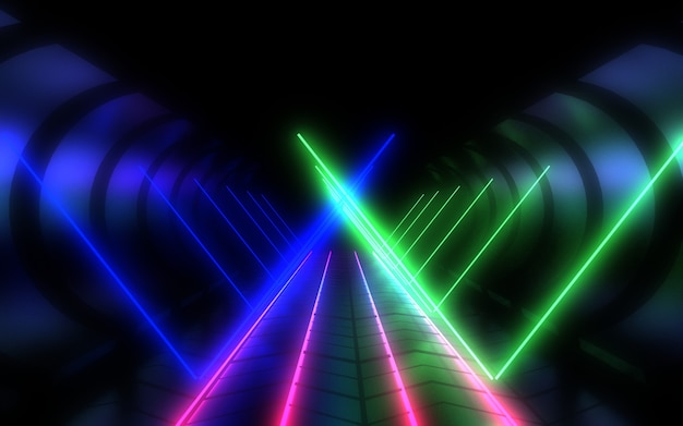 Abstract architecture tunnel with neon light. 3d illustration