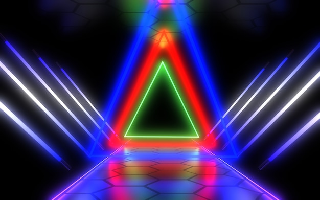 Abstract architecture tunnel with neon light. 3d illustration