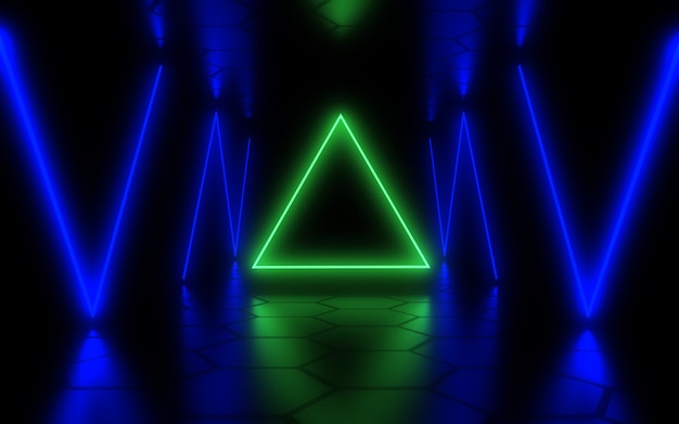 Abstract architecture tunnel with neon light. 3d illustration