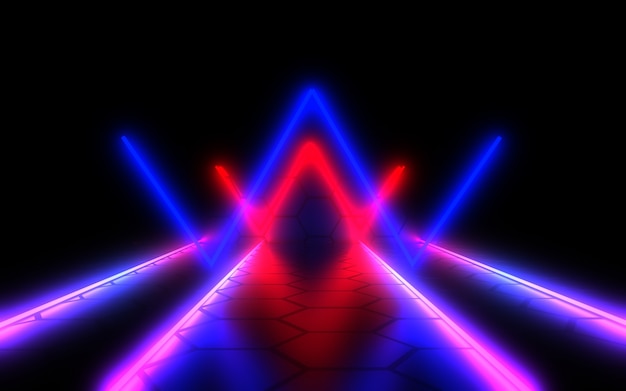 Abstract architecture tunnel with neon light. 3d illustration