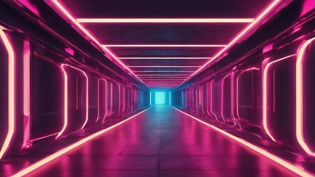 Abstract architecture tunnel with neon light 3d illustration