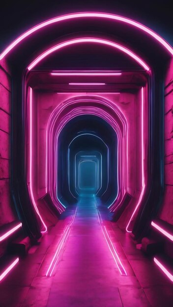 Abstract architecture tunnel with neon light 3d illustration