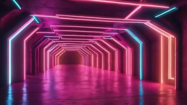 Abstract architecture tunnel with neon light 3d illustrationa