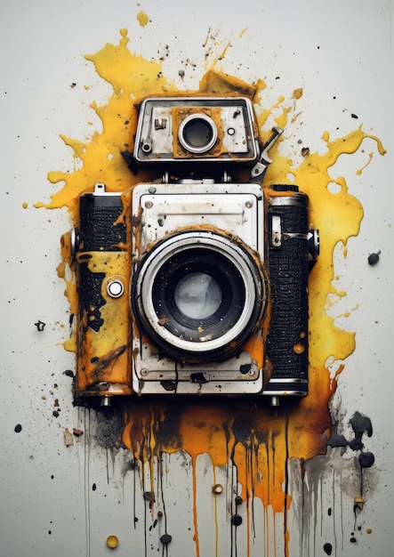 Abstract art of analog camera on painted wall