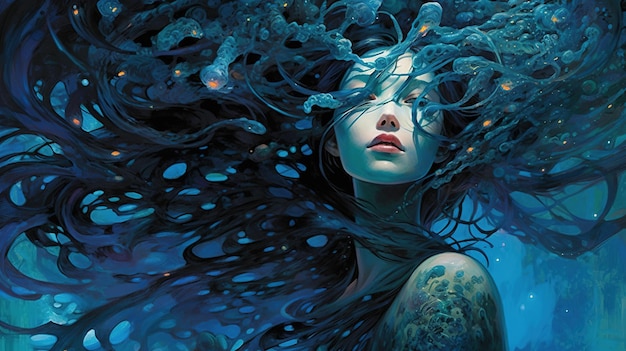 Abstract art of an Asian woman under the water Fantasy concept Illustration painting
