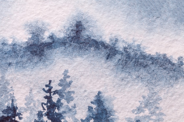 Abstract art background light blue and white colors. Watercolor painting on canvas with soft denim gradient. Fragment of artwork on paper with winter forest pattern. Texture backdrop, macro.