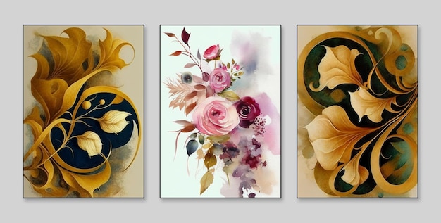 Abstract art background Restore ancient ways Watercolor modern art gold flowers and plants