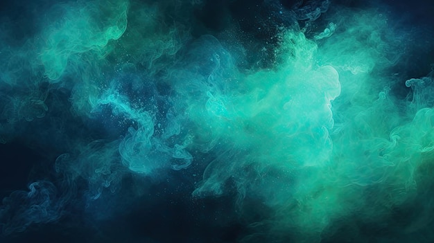 Color mist. Ink water. Haze texture. Fantasy night sky. Blue green shiny  glitter steam cloud blend on dark black abstract art background. Stock  Photo