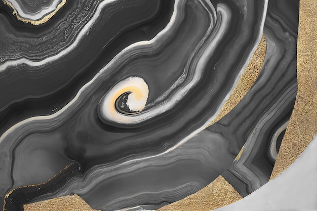 Abstract art background with a fluid marble black and gold texture Splendid 3D illustration luxury abstract artwork in alcohol ink technique Shiny golden wave swirl pattern on a black background