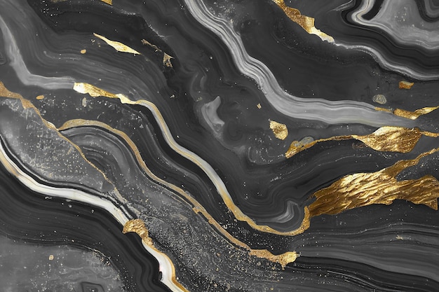 Abstract art background with a fluid marble black and gold texture Splendid 3D illustration luxury abstract artwork in alcohol ink technique Shiny golden wave swirl pattern on a black background