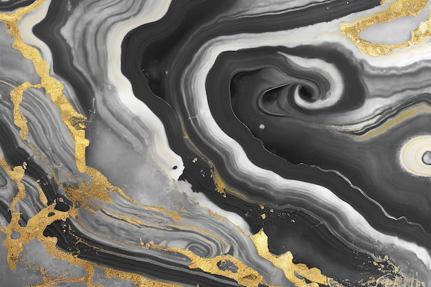 Abstract art background with a fluid marble black and gold texture Splendid 3D illustration luxury abstract artwork in alcohol ink technique Shiny golden wave swirl pattern on a black background