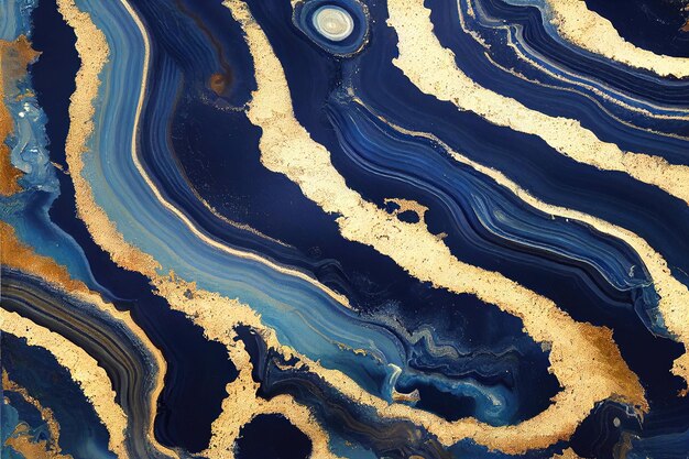 Abstract art background with a fluid marble blue and gold texture Splendid 3D illustration luxury abstract artwork in alcohol ink technique Shiny golden wave swirl pattern on a blue background