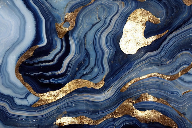 Абстрактное искусство фон с жидкой мраморной синей и золотой текстурой Великолепная 3D иллюстрация роскошные абстрактные произведения искусства в технике алкогольных чернил Блестящий золотой волновой вихревой узор на синем фоне