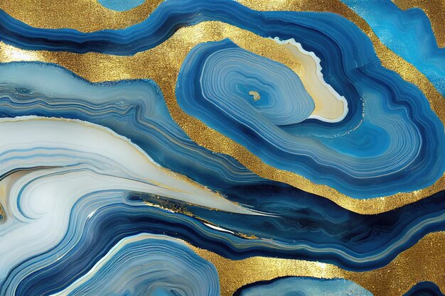 Abstract art background with a fluid marble blue and gold texture Splendid 3D illustration luxury abstract artwork in alcohol ink technique Shiny golden wave swirl pattern on a blue background