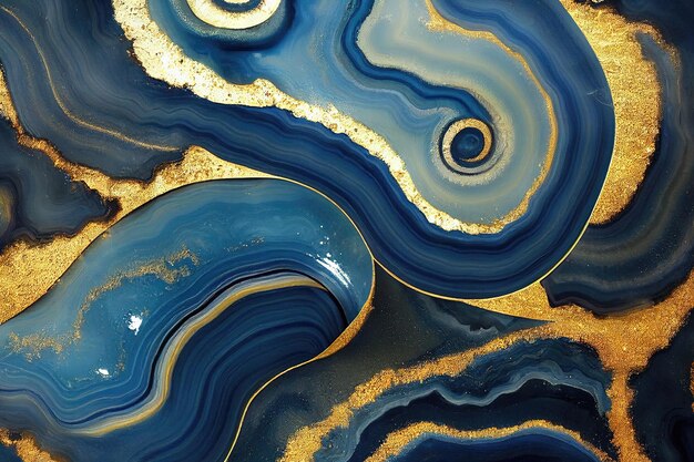 Abstract art background with a fluid marble blue and gold texture Splendid 3D illustration luxury abstract artwork in alcohol ink technique Shiny golden wave swirl pattern on a blue background