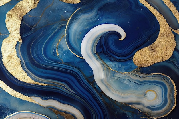 Abstract art background with a fluid marble blue and gold texture Splendid 3D illustration luxury abstract artwork in alcohol ink technique Shiny golden wave swirl pattern on a blue background