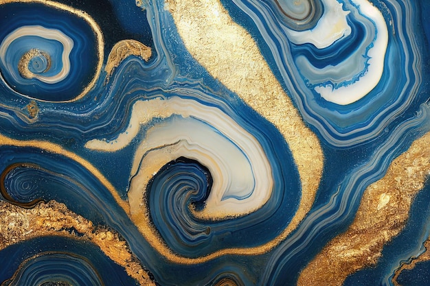 유체 대리석 파란색과 금색 질감이 있는 추상 미술 배경 알코올 잉크 기술의 화려한 3D 그림 고급 추상 작품 파란색 배경에 빛나는 황금 물결 소용돌이 패턴