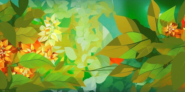 an abstract art background with fresh green leaves and flowers