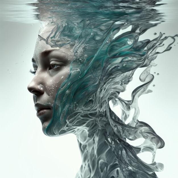 Abstract art in beautiful face woman in underwater seascape concept