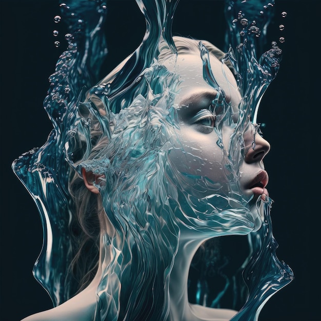 Абстрактное искусство в красивом лице женщины в концепции подводного морского пейзажа