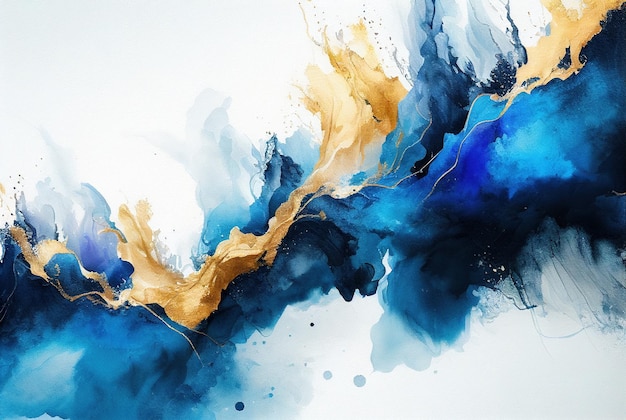 Abstract art blue and gold paint background watercolor painting