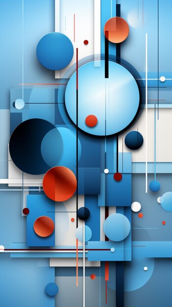 abstract art of blue and red circles and lines on a blue background generative ai