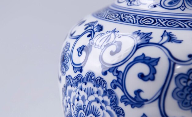 Photo the abstract art on the blue and white ceramic vase in detail there is only white in the background