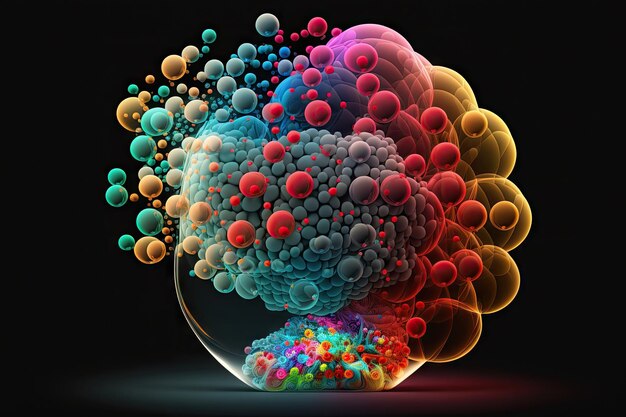 Abstract art of brain consisting of multicolored transparent spheres