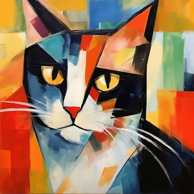 인물화를 위해 포즈를 취하고 있는 키티와 함께 피카소에서 영감을 받은 고양이의 추상 미술 Generative AI