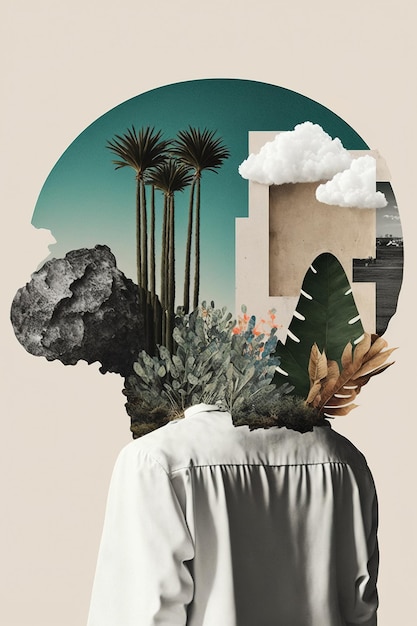 Abstract art collage with female portrait and mountains