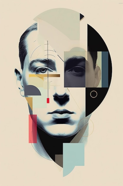 Abstract art collage with male portrait and geometric figures generative ai