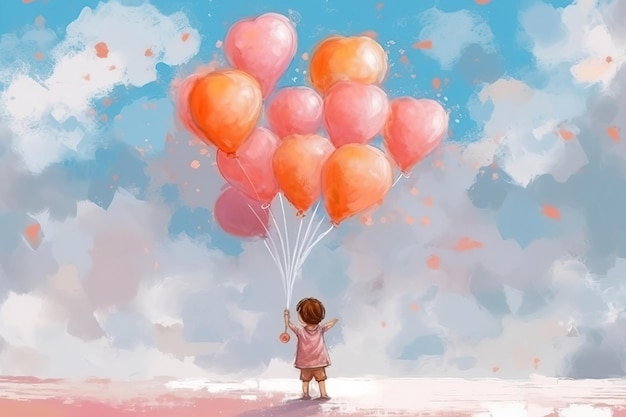 Abstract art Colorful painting art of a child with heart balloons Mother's day or Father's day concept Background illustration