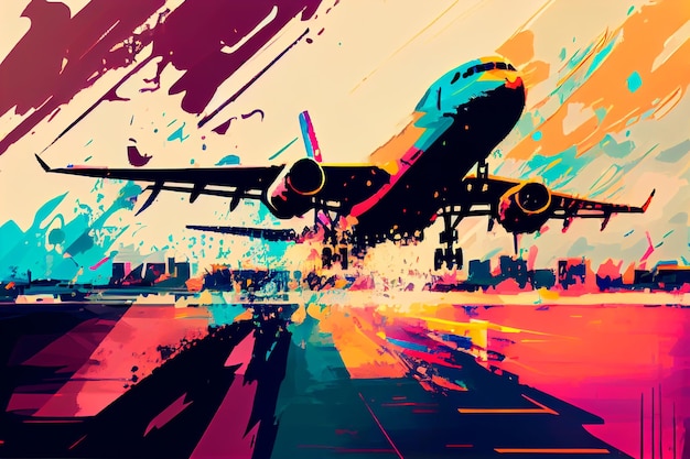 Abstract art Colorful painting art of a modern airplane landing at the airport Background illustration Generative AI