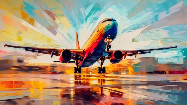 Abstract art Colorful painting art of a modern airplane landing at the airport Background illustration Generative AI