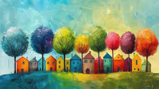 Abstract art of colorful trees and houses with a whimsical touch