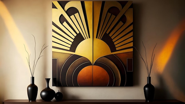 Abstract art deco art painting in in black and gold colors on the wall in a interior neural network