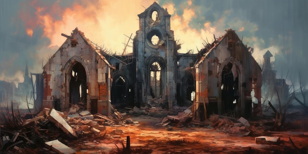 abstract art of empty Ruins of an old Christian church illustration painting