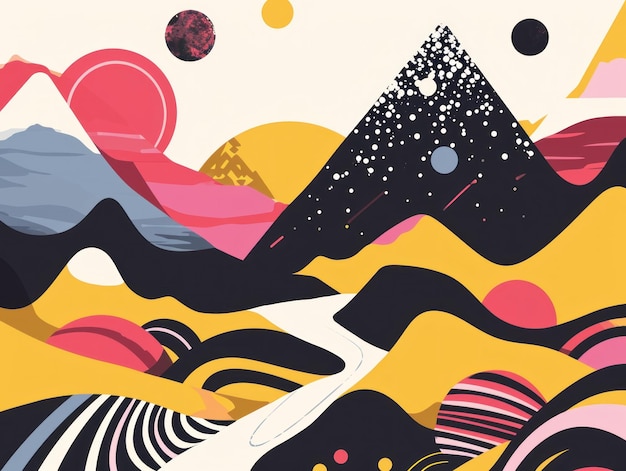 Abstract art featuring vibrant geometric shapes depicting a surreal landscape composition