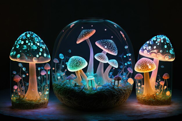 Abstract art of glowing fantasy in magical night in circle shape in glass