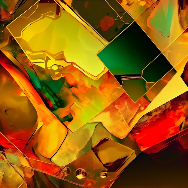 Abstract Art in Glowing Liquid Gold, Red and Green Colors and Geometric Forms Element