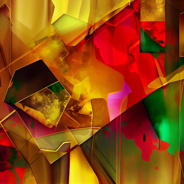 Abstract Art in Glowing Liquid Gold, Red and Green Colors and Geometric Forms Element