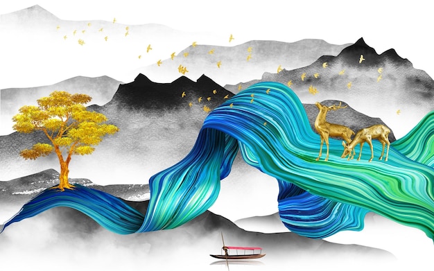 抽象芸術の黄金の山々、森、日光。伝統的な東洋の水墨画。インクアート