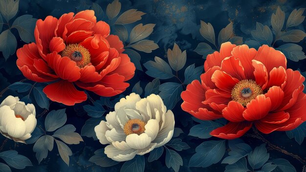 Abstract art illustration of a Japanese pattern with peony flowers in a vintage style