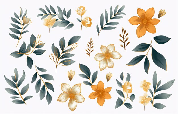 Abstract art illustration modern idea flowers tropical leaves golden elements