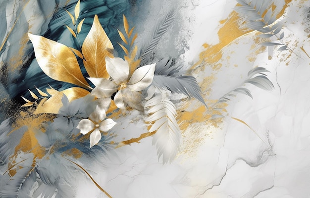 Abstract art illustration modern idea flowers tropical leaves golden elements