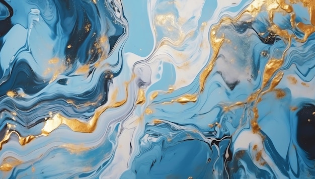 Abstract art liquid marble painting alcohol ink blue and gold wave pattern background