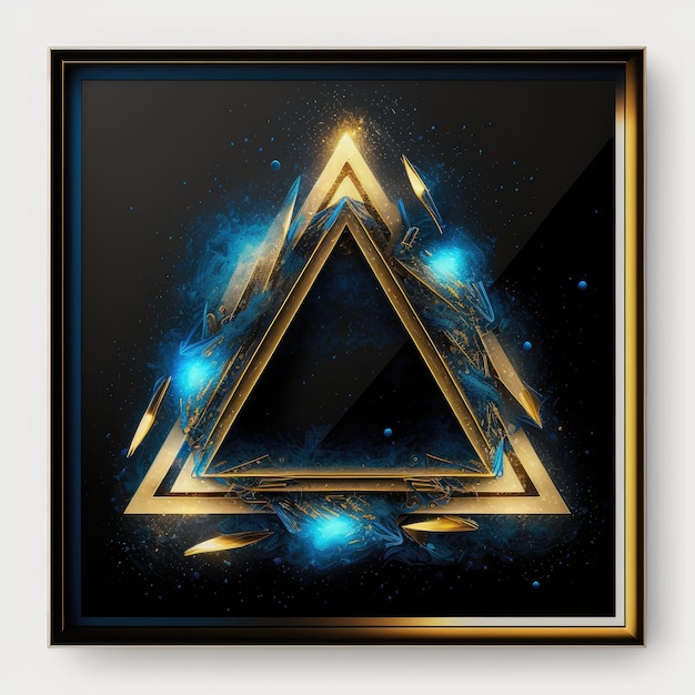 Photo abstract art of multi layer glowing golden and blue triangle frame