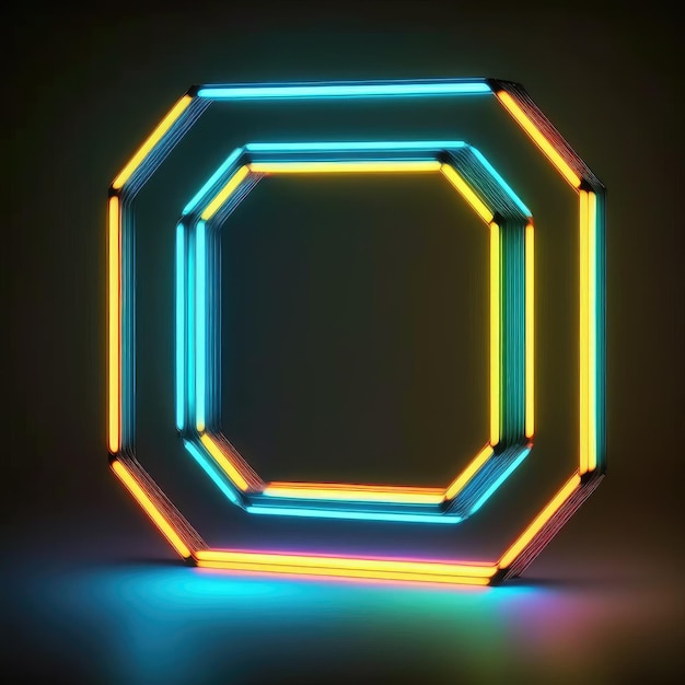 Abstract art in neon spotlight in hexagon frame isolated on black background