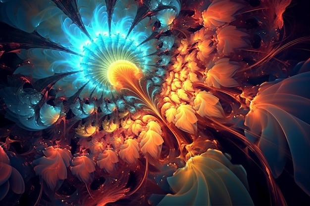Фото Абстрактное искусство цветка с синим центром, окруженным оранжевыми и синими лепестками, генеративный ии