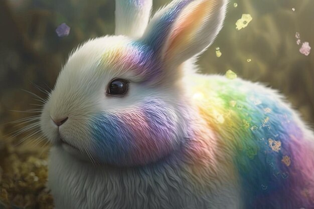 写真 輝くパステル背景を持つクローズアップかわいいウサギの抽象アート